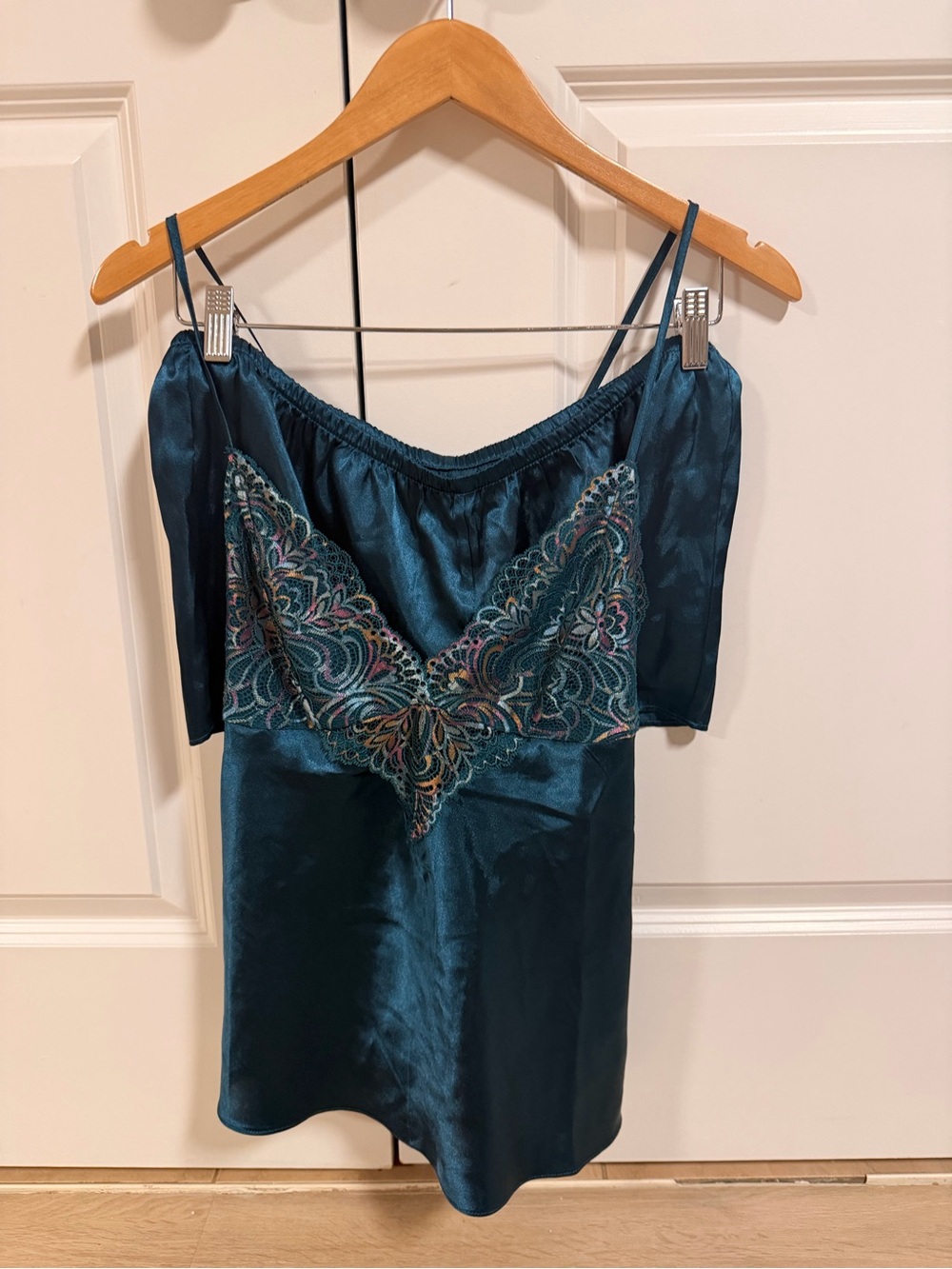 Linea Donatella Teal Satin Lace-Trimmed Chemise